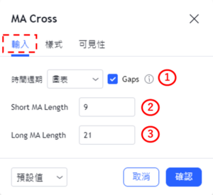 設定MA Cross指標-輸入